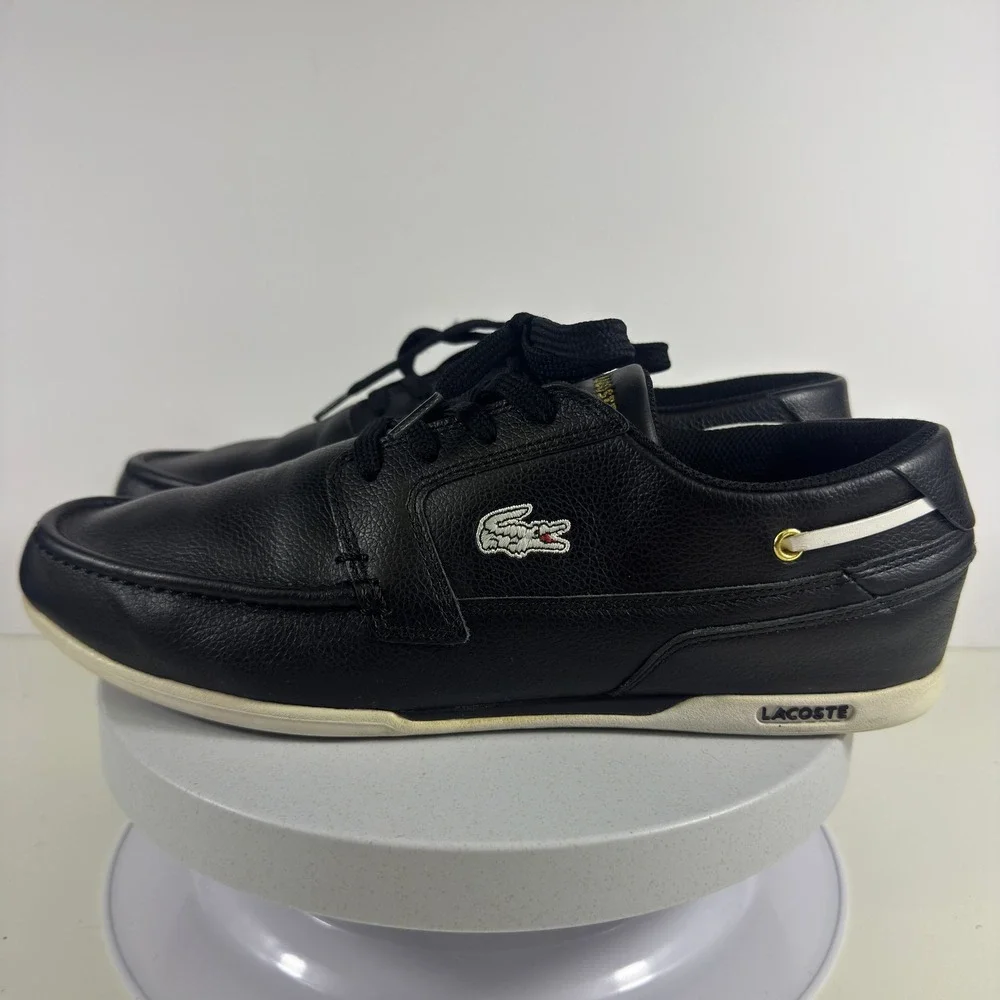Lacoste Mens Black Leather Boat Shoes Low Top Sneakers Gold Logo Moc Toe 10